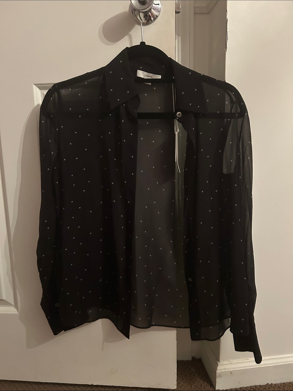Vince Black Sheer Button-Down Blouse with White Pin Dots